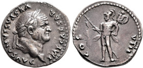Vespasian, 69-79. Denarius (Silver, 18 mm, 3.50 g, 6 h), Rome, 77/8. IMP CAESAR VESPASIANVS AVG Laureate head of Vespasian to right. Rev. COS VIII Mar...
