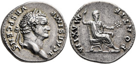 Titus, as Caesar, 69-79. Denarius (Silver, 19 mm, 3.55 g, 12 h), Rome, 73. T CAES IMP VESP CENS Laureate head of Titus to right. Rev. PONTIF MAXIM Tit...