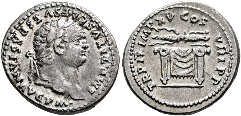 Titus, 79-81. Denarius (Silver, 18 mm, 3.48 g, 6 h), Rome, 1 January-30 June 80....