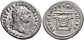 Titus, 79-81. Denarius (Silver, 18 mm, 3.48 g, 6 h), Rome, 1 January-30 June 80. IMP TITVS CAES VESPASIAN AVG P M Laureate head of Titus right. Rev. T...