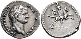 Domitian, as Caesar, 69-81. Denarius (Silver, 19 mm, 3.31 g, 6 h), Rome, 77/8. CAESAR AVG F DOMITIANVS Laureate head of Domitian to right. Rev. COS V ...