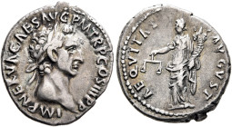 Nerva, 96-98. Denarius (Silver, 19 mm, 3.35 g, 6 h), Rome, 97. IMP NERVA CAES AVG P M TR P COS III P P Laureate head of Nerva to right. Rev. AEQVITAS ...