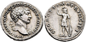 Trajan, 98-117. Denarius (Silver, 19 mm, 3.52 g, 8 h), Rome, circa 106-107. IMP TRAIANO AVG GER DAC P M TR P COS V P P Laureate head of Trajan to righ...