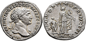 Trajan, 98-117. Denarius (Silver, 19 mm, 3.38 g, 6 h), Rome, circa 112-113. IMP TRAIANO AVG GER DAC P M TR P COS VI P P Laureate head of Trajan to rig...