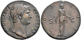 Hadrian, 117-138. Sestertius (Orichalcum, 32 mm, 26.64 g, 6 h), Rome, 124/5. HADRIANVS AVGVSTVS Laureate head of Hadrian to right, with drapery on his...