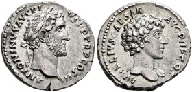 Antoninus Pius, with Marcus Aurelius as Caesar, 138-161. Denarius (Silver, 18 mm, 3.55 g, 6 h), Rome, 140-144. ANTONINVS AVG PIVS P P TR P COS III Lau...