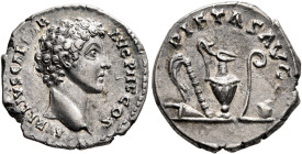 Marcus Aurelius, as Caesar, 139-161. Denarius (Silver, 18 mm, 3.23 g, 12 h), Rome, 142. AVRELIVS CAESAR AVG PII F COS Bare head of Marcus Aurelius to ...