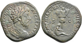 Marcus Aurelius, 161-180. Sestertius (Orichalcum, 32 mm, 24.22 g, 12 h), Rome, 172-173. M ANTONINVS AVG TR P XXVII Laureate and cuirassed bust of Marc...