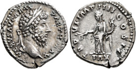 Lucius Verus, 161-169. Denarius (Silver, 19 mm, 3.52 g, 12 h), Rome, summer-December 166. L VERVS AVG ARM PARTH MAX Laureate head of Lucius Verus to r...