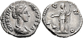 Crispina, Augusta, 178-182. Denarius (Silver, 19 mm, 3.45 g, 6 h), Rome. CRISPINA AVGVSTA Draped bust of Crispina to right. Rev. IVNO Juno, veiled, st...