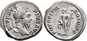 Septimius Severus, 193-211. Denarius (Silver, 19 mm, 3.69 g, 6 h), Rome, 210. SEVERVS PIVS AVG Laureate head of Septimius Severus to right. Rev. P M T...