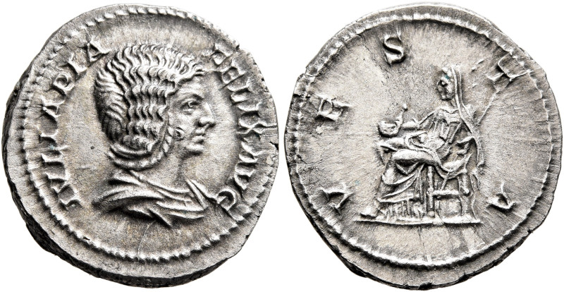 Julia Domna, Augusta, 193-217. Denarius (Silver, 19 mm, 3.23 g, 12 h), Rome, 215...