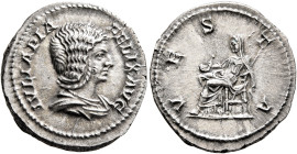 Julia Domna, Augusta, 193-217. Denarius (Silver, 19 mm, 3.23 g, 12 h), Rome, 215. IVLIA PIA FELIX AVG Draped bust of Julia Domna to right. Rev. VESTA ...