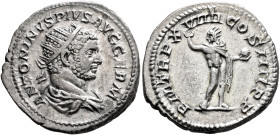 Caracalla, 198-217. Antoninianus (Silver, 23 mm, 5.21 g, 7 h), Rome, 216. ANTONINVS PIVS AVG GERM Radiate and draped bust of Caracalla to right, seen ...