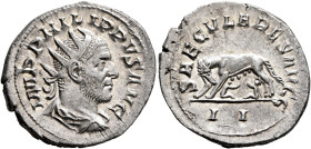 Philip I, 244-249. Antoninianus (Silver, 24 mm, 4.28 g, 6 h), Rome, 248. IMP PHILIPPVS AVG Radiate, draped and cuirassed bust of Philip I to right, se...