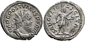 Postumus, Romano-Gallic Emperor, 260-269. Antoninianus (Billon, 22 mm, 3.49 g, 6 h), Cologne, 266-267. IMP C POSTVMVS P F AVG Radiate, draped and cuir...