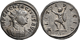 Tacitus, 275-276. Antoninianus (Silvered bronze, 22 mm, 3.56 g, 6 h), Ticinum, early-June 276. IMP C M CL TACITVS AVG Radiate and cuirassed bust of Ta...