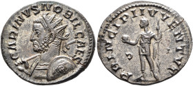 Carinus, as Caesar, 282-283. Antoninianus (Silvered bronze, 23 mm, 3.68 g, 6 h), Lugdunum, 282. CARINVS NOBIL CAES Radiate and cuirassed bust of Carin...