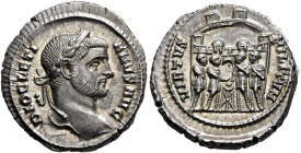 Diocletian, 284-305. Argenteus (Silver, 19 mm, 3.73 g, 6 h), Rome, circa 294-295. DIOCLETI-ANVS AVG Laureate head of Diocletian to right. Rev. VIRTVS ...