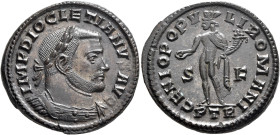 Diocletian, 284-305. Follis (Silvered bronze, 28 mm, 9.95 g, 6 h), Treveri, circa 303-305. IMP DIOCLETIANVS AVG Laureate and cuirassed bust of Dioclet...