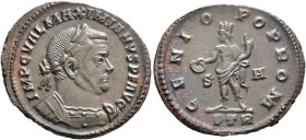 Maximianus, second reign, 307-308. Follis (Bronze, 27 mm, 5.21 g, 12 h), Treveri, autumn 307-end 308. IMP C VAL MAXIMIANVS P F AVG Laureate and cuiras...