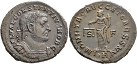Constantius I, as Caesar, 293-305. Follis (Bronze, 29 mm, 8.99 g, 12 h), Treveri, circa 302-303. FL VAL CONSTANTIVS NOB C Laureate and cuirassed bust ...