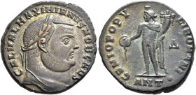 Galerius, as Caesar, 293-305. Follis (Silvered bronze, 27 mm, 9.61 g, 6 h), Antiochia, 304-305. GAL VAL MAXIMIANVS NOB CAES Laureate head of Galerius ...