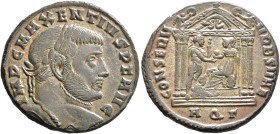 Maxentius, 307-312. Follis (Bronze, 25 mm, 7.44 g, 6 h), Aquileia, late summer 307. IMP C MAXENTIVS P F AVG Laureate head of Maxentius to right. Rev. ...