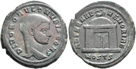 Divus Romulus, died 309. Follis (Bronze, 25 mm, 6.28 g, 6 h), Ostia, late 309-October 312. DIVO ROMVLO N V BIS CONS Bare head of Divus Romulus to righ...