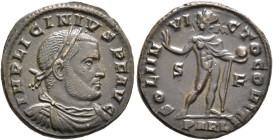 Licinius I, 308-324. Follis (Bronze, 19 mm, 3.12 g, 12 h), Arelate, early 316. IMP LICINIVS P F AVG Laureate, draped and cuirassed bust of Licinius I ...