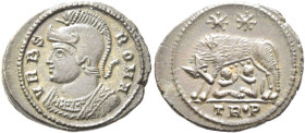 Commemorative Series, 330-354. Follis (Bronze, 19 mm, 2.93 g, 6 h), Treveri, 332/3. VRBS ROMA Helmeted and mantled bust of Roma to left. Rev. She-wolf...