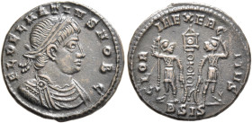 Delmatius, Caesar, 335-337. Follis (Bronze, 16 mm, 1.82 g, 6 h), Siscia, 335/6. FL DELMATIVS NOB C Laureate, draped and cuirassed bust of Delmatius to...