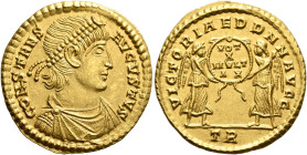 Constans, 337-350. Solidus (Gold, 22 mm, 4.67 g, 6 h), Treveri, 342-343 or 347-348. CONSTANS AVGVSTVS Pearl-diademed, draped and cuirassed bust of Con...