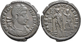 Constantius II, 337-361. Centenionalis (Bronze, 22 mm, 5.33 g, 12 h), Siscia, 350. D N CONSTANTIVS P F AVG Pearl-diademed, draped and cuirassed bust o...