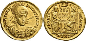 Constantius II, 337-361. Solidus (Gold, 20 mm, 4.52 g, 6 h), Rome, 355-357. FL IVL CONST-ANTVS P F AVG Helmeted, pearl-diademed and cuirassed bust of ...
