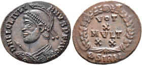 Julian II, 360-363. Follis (Bronze, 19 mm, 3.35 g, 7 h), Sirmium, 361-363. D N FL CL IVLIANVS P F AVG Pearl-diademed, cuirassed and helmeted bust of J...