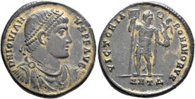 Jovian, 363-364. Double Maiorina (Bronze, 28 mm, 8.87 g, 6 h), Antiochia. D N IOVIANVS P F AVG Pearl-diademed, draped and cuirassed bust of Jovian to ...