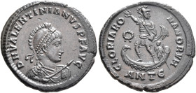 Valentinian II, 375-392. Maiorina (Bronze, 24 mm, 4.78 g, 6 h), Antiochia, 378-383. D N VALENTINIANVS P F AVG Helmeted, diademed, draped and cuirassed...