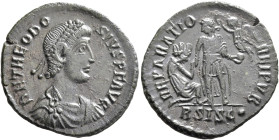 Theodosius I, 379-395. Maiorina (Bronze, 24 mm, 4.13 g, 12 h), Siscia, 378-383. D N THEODO-SIVS P F AVG Pearl-diademed, draped and cuirassed bust of T...