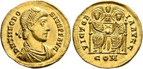 Theodosius I, 379-395. Solidus (Gold, 20 mm, 4.56 g, 6 h), Mediolanum, 380-382. D N THEODO-SIVS P F AVG Pearl diademed, draped and cuirassed bust of T...