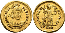 Arcadius, 383-408. Solidus (Gold, 20 mm, 4.52 g, 6 h), Constantinopolis, 395-402. D N ARCADI-VS P F AVG Helmeted, pearl-diademed and cuirassed bust of...