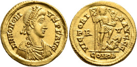 Honorius, 393-423. Solidus (Gold, 21 mm, 4.46 g, 6 h), Ravenna, 402-406. D N HONORI-VS P F AVG Pearl-diademed, draped and cuirassed bust of Honorius t...