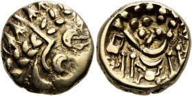 BRITAIN. Belgae. Uninscribed, circa 65-40 BC. Stater (Electrum, 16 mm, 6.08 g, 12 h), 'Chute' type. Devolved and disjointed laureate head of Apollo to...