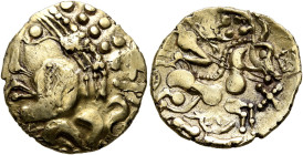 NORTHWEST GAUL. Aulerci Eburovices. 2nd to early 1st century BC. Half Stater (Electrum, 19 mm, 3.27 g, 3 h). Celticized male head with Ƨ-shaped ear to...