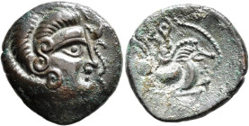 NORTHWEST GAUL. Coriosolites. Circa 100-50 BC. Stater (Billon, 23 mm, 6.33 g, 11 h), 'au nez pointé' type. Celticized male head to right, the hair in ...