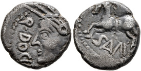 CENTRAL GAUL. Sequani. 1st century BC. Quinarius (Silver, 13 mm, 1.87 g, 10 h). Q DOCI Celticized head of Roma to left. Rev. [Q DOCI] / SAM F Horse sp...