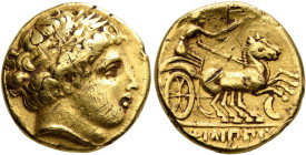 CENTRAL EUROPE. Uncertain tribe. 3rd century BC. Stater (Gold, 17 mm, 8.40 g, 6 h). Laureate head of Apollo to right. Rev. Charioteer driving biga to ...