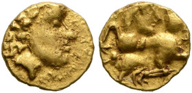 CENTRAL EUROPE. Vindelici. Early 2nd century BC. 1/24 Stater (Gold, 6 mm, 0.32 g, 2 h), 'Androkephales Pferd II' type. Male head to right, wearing dia...