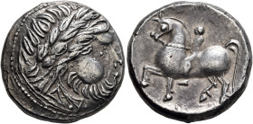 CARPATHIAN REGION. Uncertain tribe. Circa 3rd century BC. Tetradrachm (Silver, 24 mm, 13.49 g, 6 h), 'Kegelreiter' type. Celticized laureate head of Z...