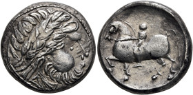 CARPATHIAN REGION. Uncertain tribe. Circa 3rd century BC. Tetradrachm (Silver, 24 mm, 13.91 g, 12 h), 'Kegelreiter' type. Celticized laureate head of ...